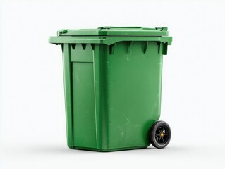 Green plastic garbage can on wheels