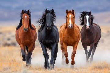 Obraz premium Four wild horses running in desert landscape