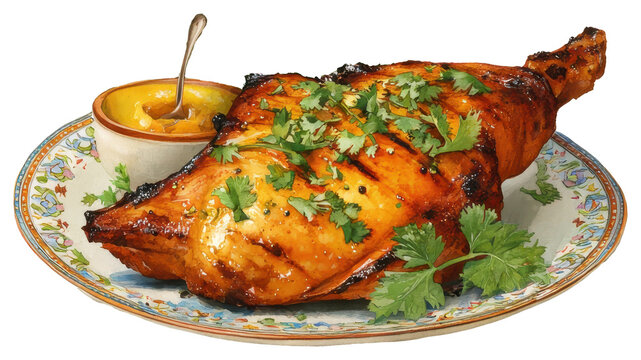 Traditional tanzanian nyama choma served with mustard sauce on a plate isolated on a white background