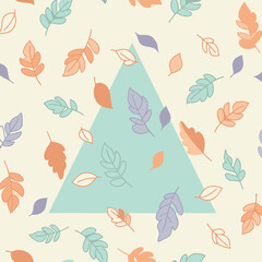 Pastel leaf pattern with light teal triangle graphic. Abstract design with various leaf shapes in soft colors, creating a gentle autumnal theme.