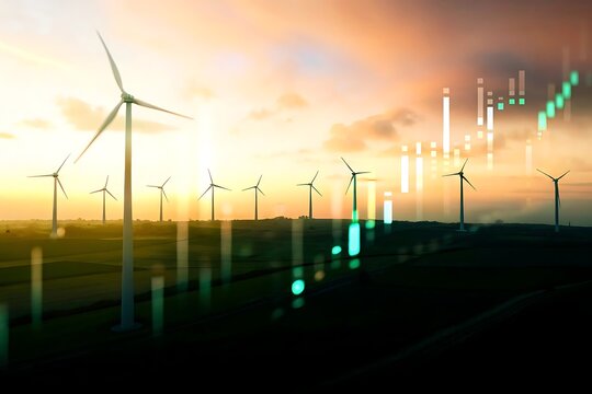 Renewable energy wind turbines at sunset overlaid with a growing stock market financial graph symbolizing economic growth