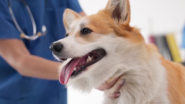 Veterinarian in blue scrubs gently examining a happy corgi dog in a bright veterinary clinic, showcasing compassionate care and professional veterinary services for pet health and well-being