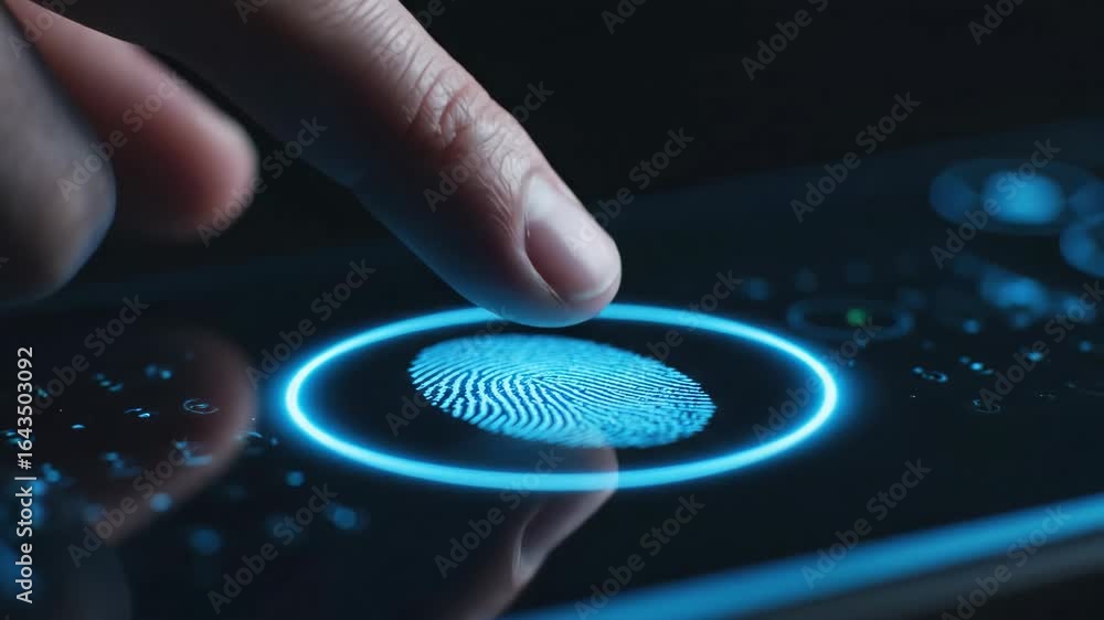 Poster fingerprint biometric security scan - a close-up shot of a finger scanning a futuristic fingerprint 