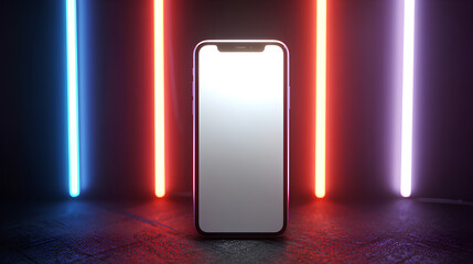 Phone mockup with blank screen framed by glowing neon lights