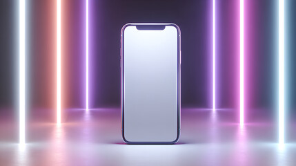 Phone mockup with blank screen framed by glowing neon lights