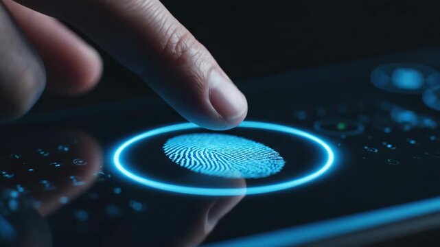 Fingerprint Biometric Security Scan - A close-up shot of a finger scanning a futuristic fingerprint sensor.