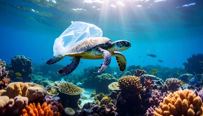 Sea Turtle swimming with a plastic bag stuck on its shell demonstrating pollution problem
