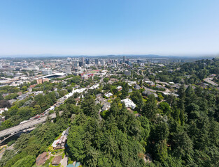 Aerial landscape of Central downtown Portland neighborhood skyline sunny summer day in Oregon