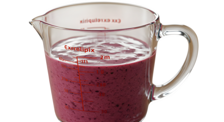 Berry smoothie fills a glass measuring cup. Product photography for healthy recipes, food blogs.
