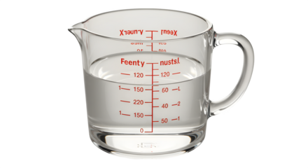 Clear glass measuring cup holds liquid, features red markings. Use for product photography, food blogs, or recipe demonstrations.