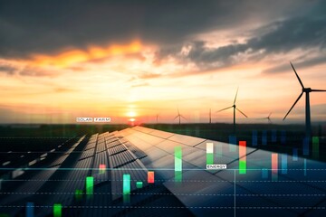 Renewable energy landscape with solar panels and wind turbines at sunset featuring financial growth charts overlay