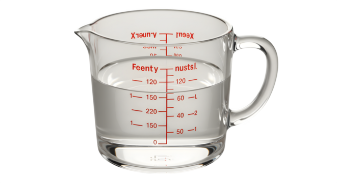 Clear glass measuring cup holds liquid, features red markings. Use for product photography, food blogs, or recipe demonstrations.