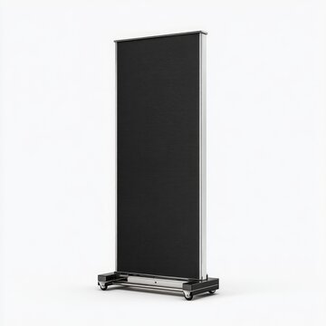 Vertical black display stand on wheels