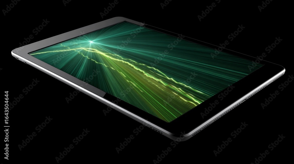 Poster closeup of tablet displaying glowing digital graph with upward green lines symbolizing economic grow