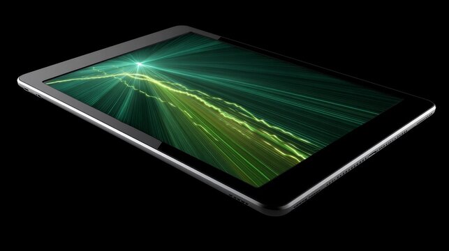 Closeup of tablet displaying glowing digital graph with upward green lines symbolizing economic growth, sleek modern design, black background, and copy space for text