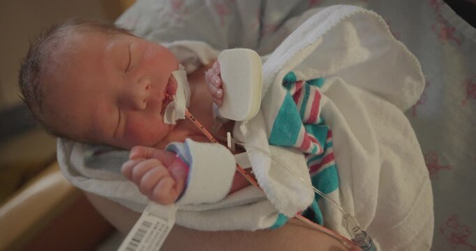 Close Up New Born Preemie Being Held in NICU