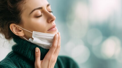 A serene woman gently touches her face mask while her eyes are closed with blurred backdrop, concept for wellness promotion, healthcare awareness and post-pandemic relaxation