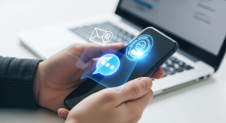 Hands holding a smartphone with glowing chat bubbles and a laptop in the background