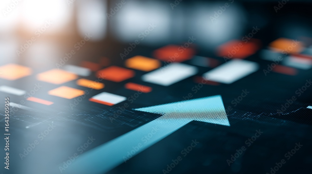 Poster Bright blue upward arrow on digital stock chart with glowing data points symbolizing financial growth and success, closeup view with copy space