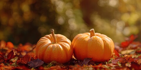 The warm glow of pumpkins resting on autumn leaves in serene nature.