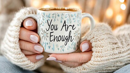 Cozy winter morning with inspirational mug and knitted sweater for relaxation and motivation
