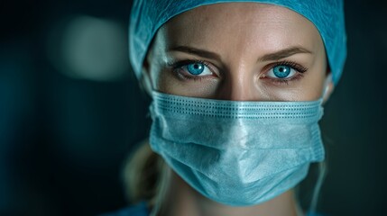 Close-up of a female surgeon with bright blue eyes wearing a surgical mask and cap. Concept for healthcare professionals, pandemic response, and medical research