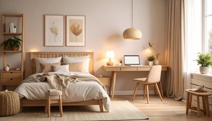 Serene bedroom interior with wooden furniture, soft lighting, and minimalist decor