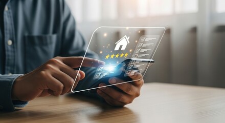 Person interacting with futuristic holographic display showing home and data