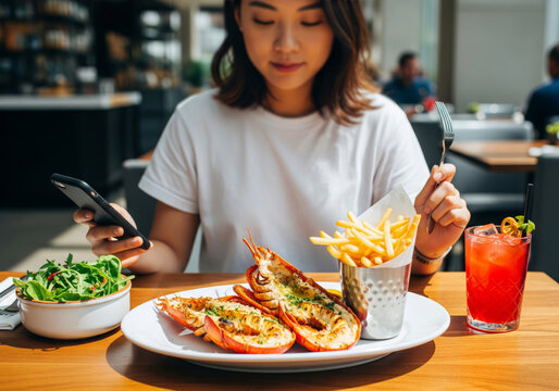 Young Woman Using Smartphone While Dining on Lobster in a Restaurant