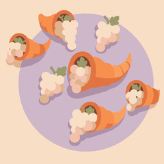 Fruitful cornucopia display with assorted grapes in orange containers. Arrangement of assorted grapes in decorative containers on a purple surface.