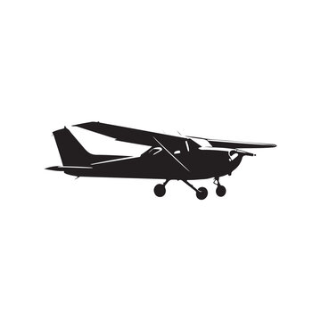 Silhouette of a Single Engine Light Airplane with Three Wheels on White