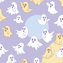 Cute cartoon ghosts in pastel colors floating on a purple background. Floating ghosts in a playful pattern with a light purple and beige backdrop.