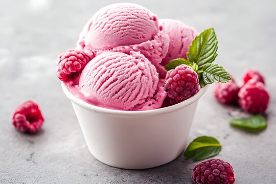 Pink raspberry ice cream in a white cup with fresh raspberries and mint leaves on a grey surface - Powered by Adobe