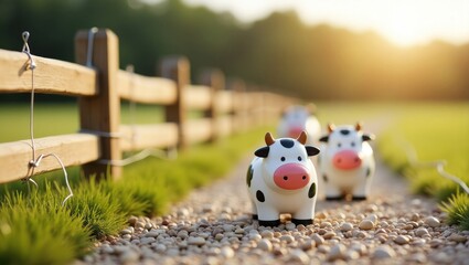 Two cute cow figurines walking on a gravel path in a sunny meadow