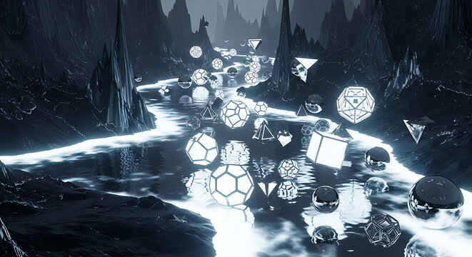 Surreal Procession of Luminous Geometric Shapes and Chrome Spheres.