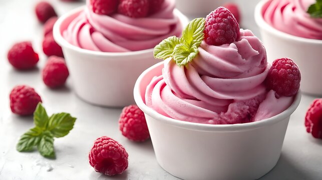 Pink raspberry soft serve ice cream in a white cup with fresh raspberries and mint leaves