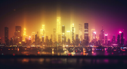 Obraz premium City skyline illuminated at night with colorful lights and reflections 