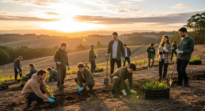 Community members actively engaged in tree planting at sunset, working together to nurture new life and enhance the natural landscape for a greener future.