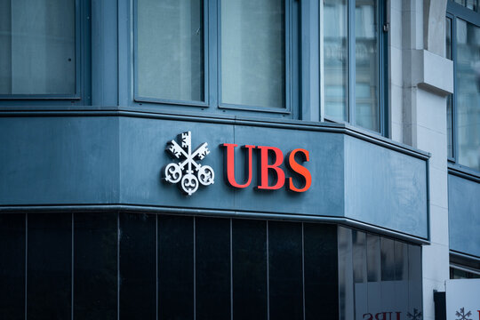 UBS bank logo or sign above building entrance.