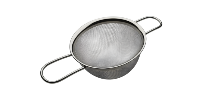 Silver strainer shines with a metal texture on black, perfect for product photography, cooking blogs, and modern kitchen posters.