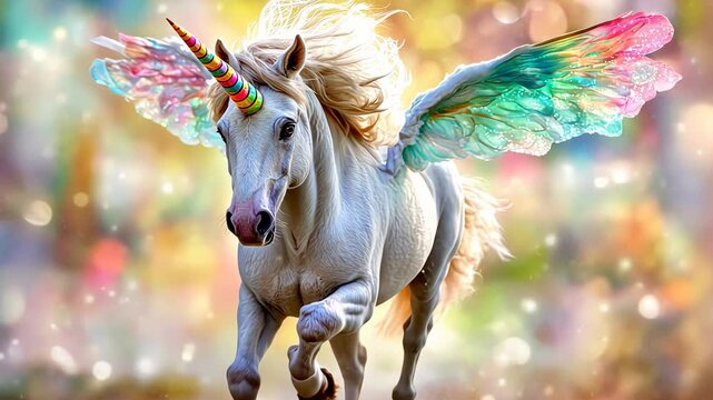 Majestic winged unicorn galloping through a vibrant fantasy landscape