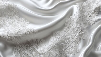 White satin fabric with lace trim, elegant drape, closeup, wedding design