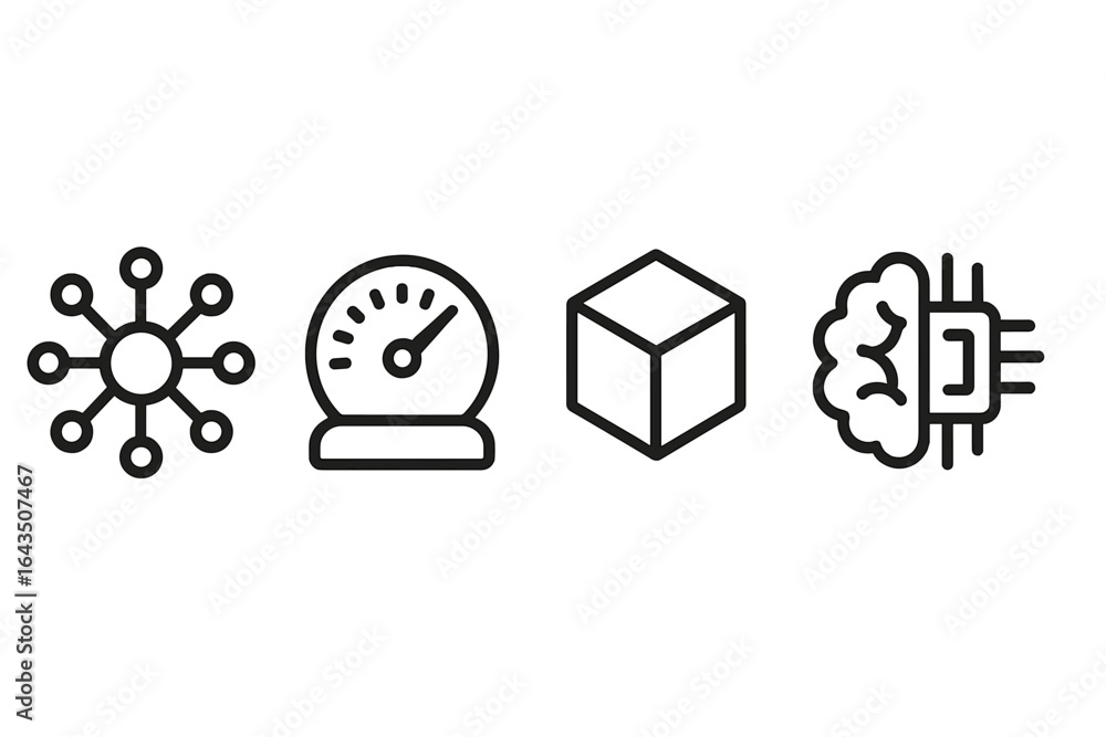 Poster graphic symbols representing data analytics, speed measurement, and technology concepts in a modern 