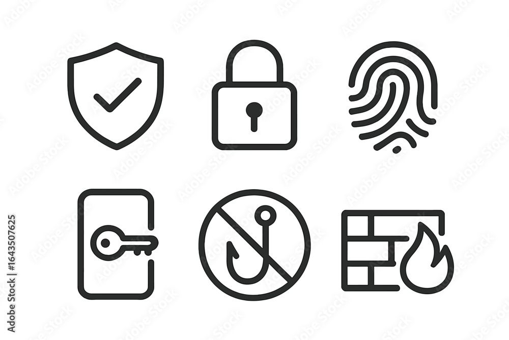 Poster collection of security icons representing digital safety concepts such as protection, access control
