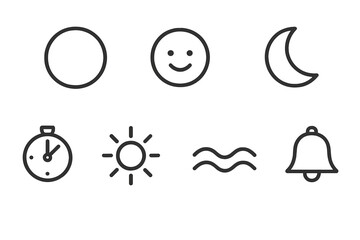Simple line icons representing sun, smiley face, moon, clock, sunburst, waves, and bell on a clean background