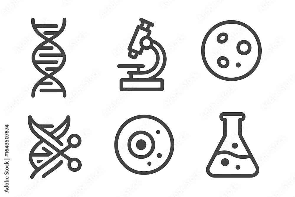 Poster symbols representing genetics, biology, and laboratory research elements in a structured layout
