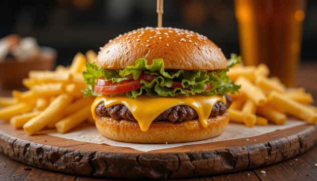 Close-up of gourmet burger with melted cheese, lettuce, tomato, and crispy fries on wooden board