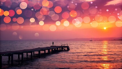 silhouette of a man standing on a wooden pier with colorful bokeh background