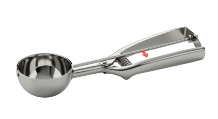 Silver metal ice cream scoop gleams. Perfect for product photography, posters, or food blogs.