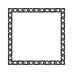 Minimalist black chain square frame with geometric rectangular links looping continuously. Isolated on white, bold contrast. Symbolizes strength and order, clean vector illustration.